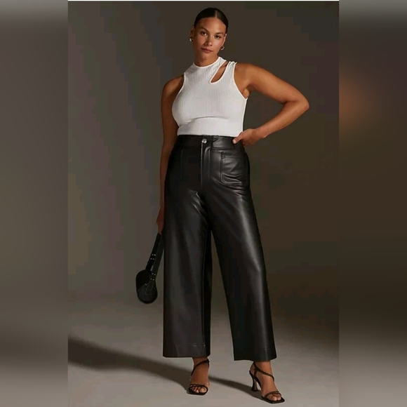 Anthropologie Maeve The Colette Cropped Wide-Leg Faux Leather Pants Bkack Sz 22 - Picture 2 of 16